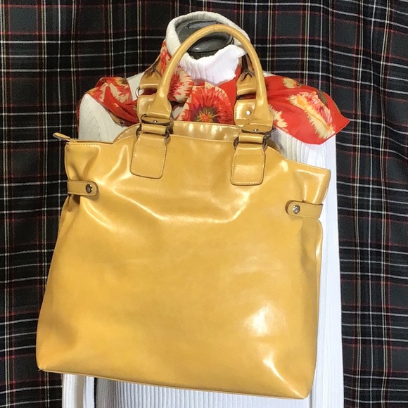 emilie m.| Large Vegan Mustard Folding Satchel Chrome Hardware Like New - Picture 3 of 8